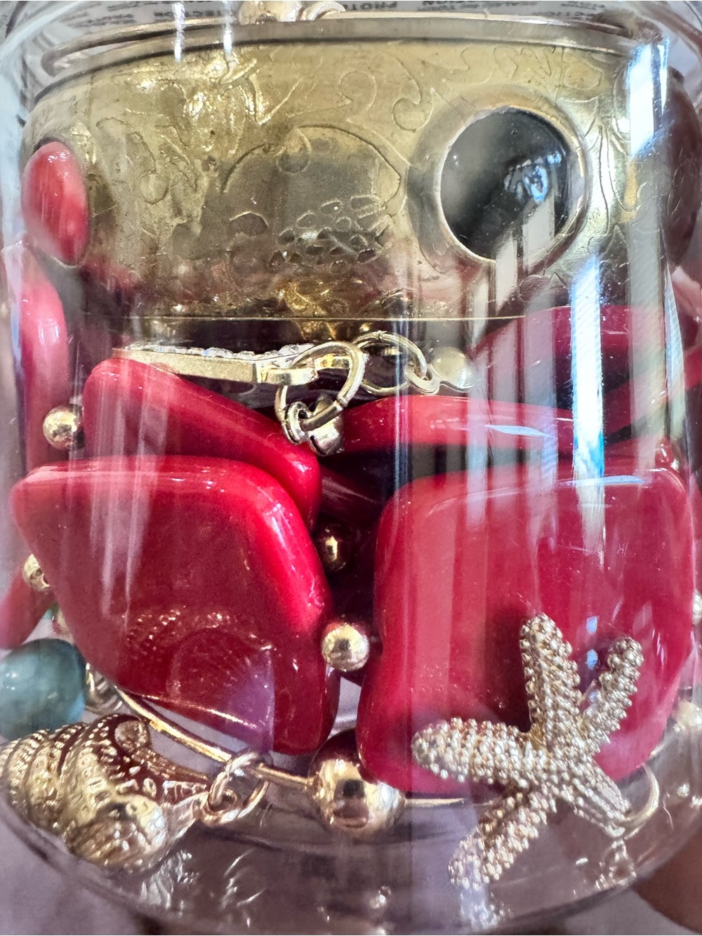 Beautiful coral, turquoise and gold toned mystery jewelry jar